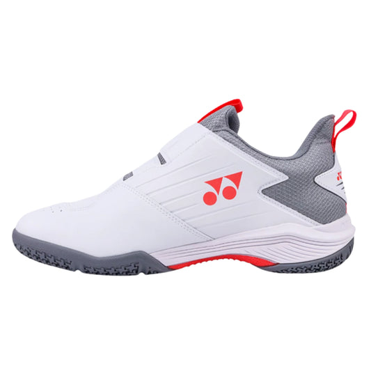 White and gray squash shoe with red accents on a white background