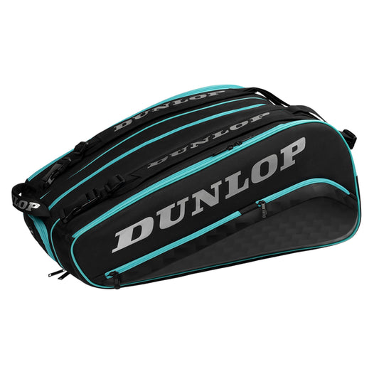 Black Dunlop padel bag with teal accents on a white background