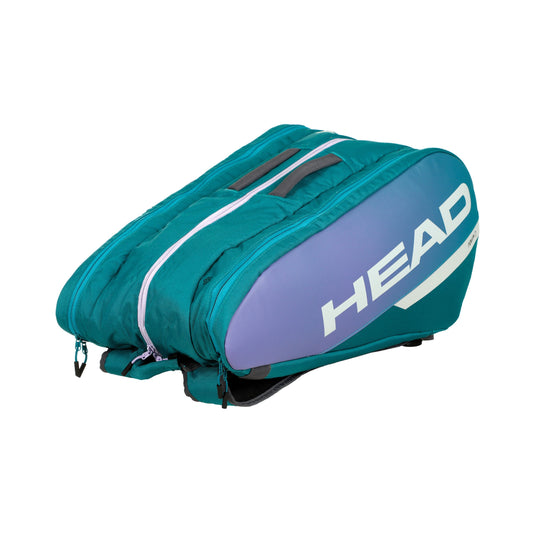 Teal and purple padel bag with HEAD logo on a white background