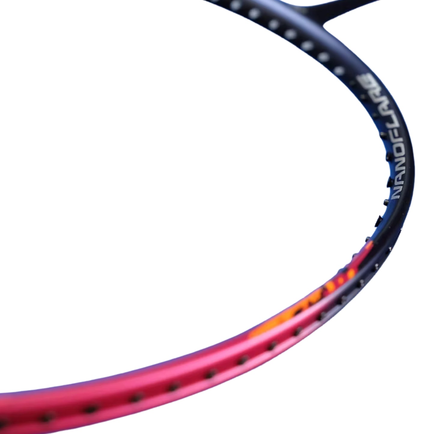 Close-up of a badminton racket with pink and blue design on a white background
