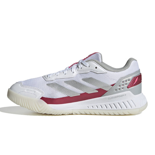 White and red padel shoe with gray accents on a white background