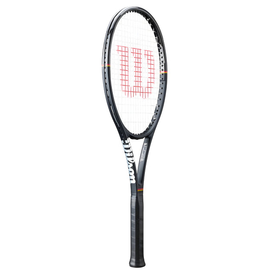 Black tennis racket with a visible brand logo on a white background