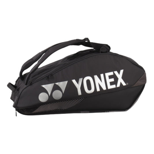 Black Yonex tennis bag on a white background