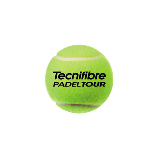 Green tennis ball with Tecnifibre Padel Tour branding on a white background
