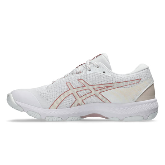 White netball shoe with pink accents on a white background