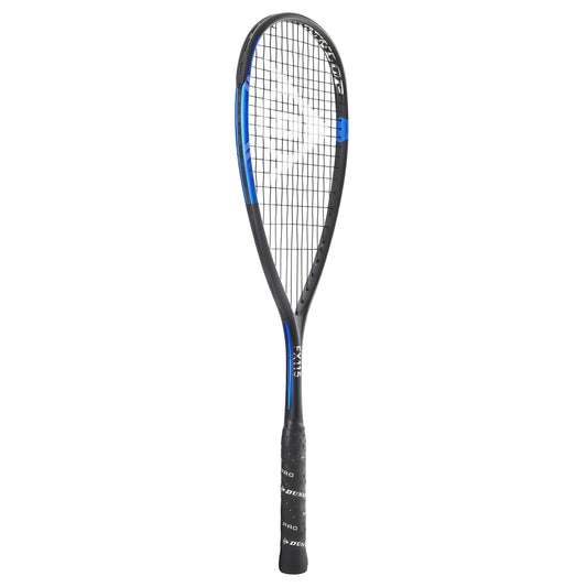 Black and blue squash racket on a white background