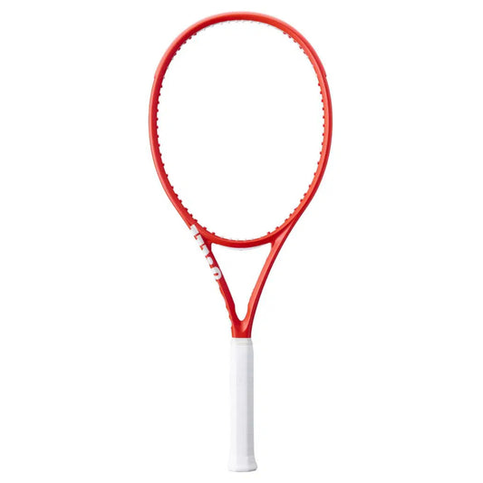 Red tennis racket with white handle on a white background