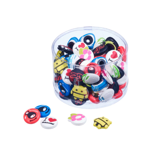 Clear container filled with colorful shoe charms on a white background