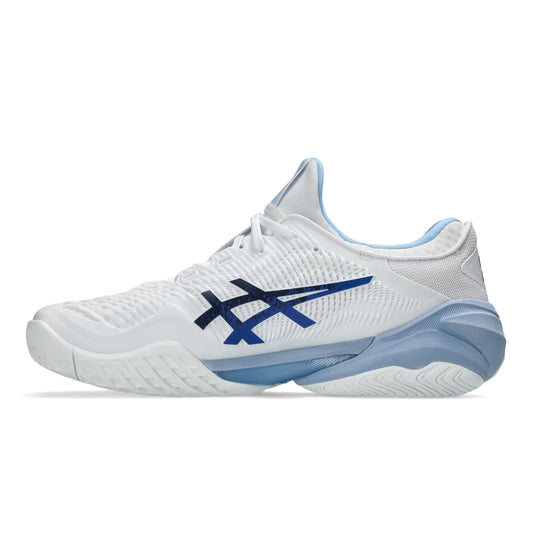 White and blue Asics tennis shoe on a white background
