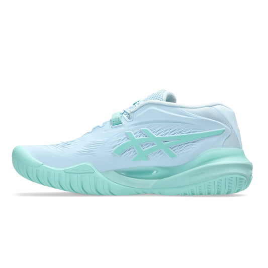 A light blue and mint green Asics tennis shoe shown from the side profile on a white background.
