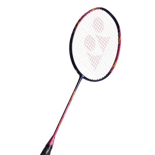 Badminton racket with a colorful design on a white background