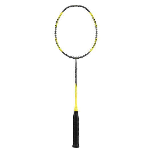 Black and yellow badminton racket on a white background