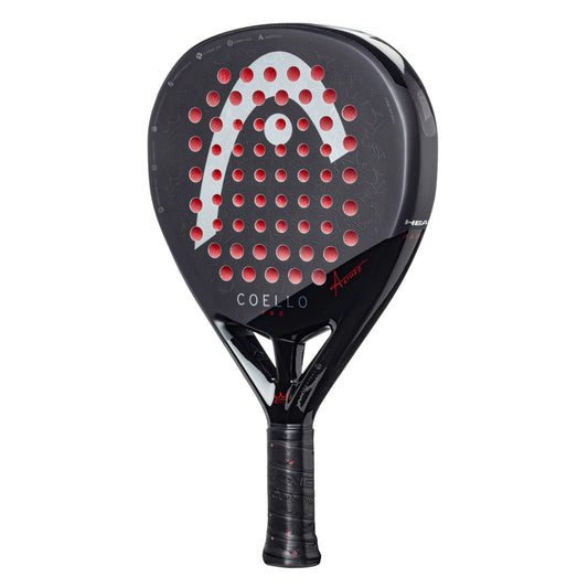 Padel racket with red and white design on a white background