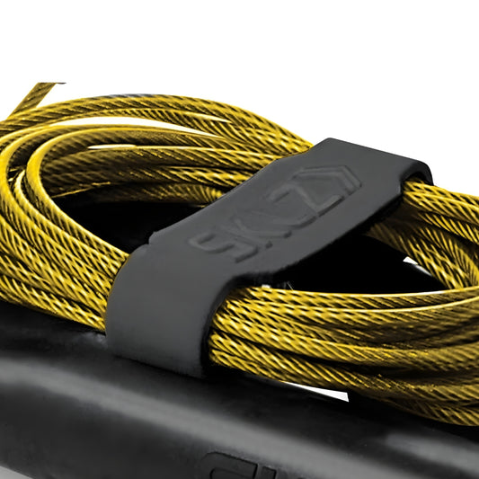 Black and yellow jump rope on a white background