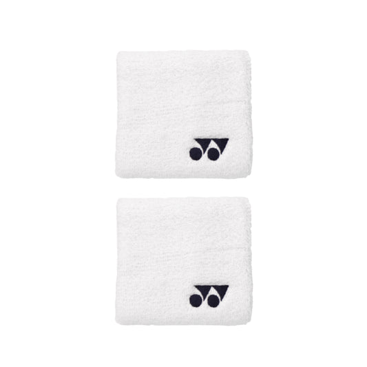 Two white wristbands with a black logo on a white background