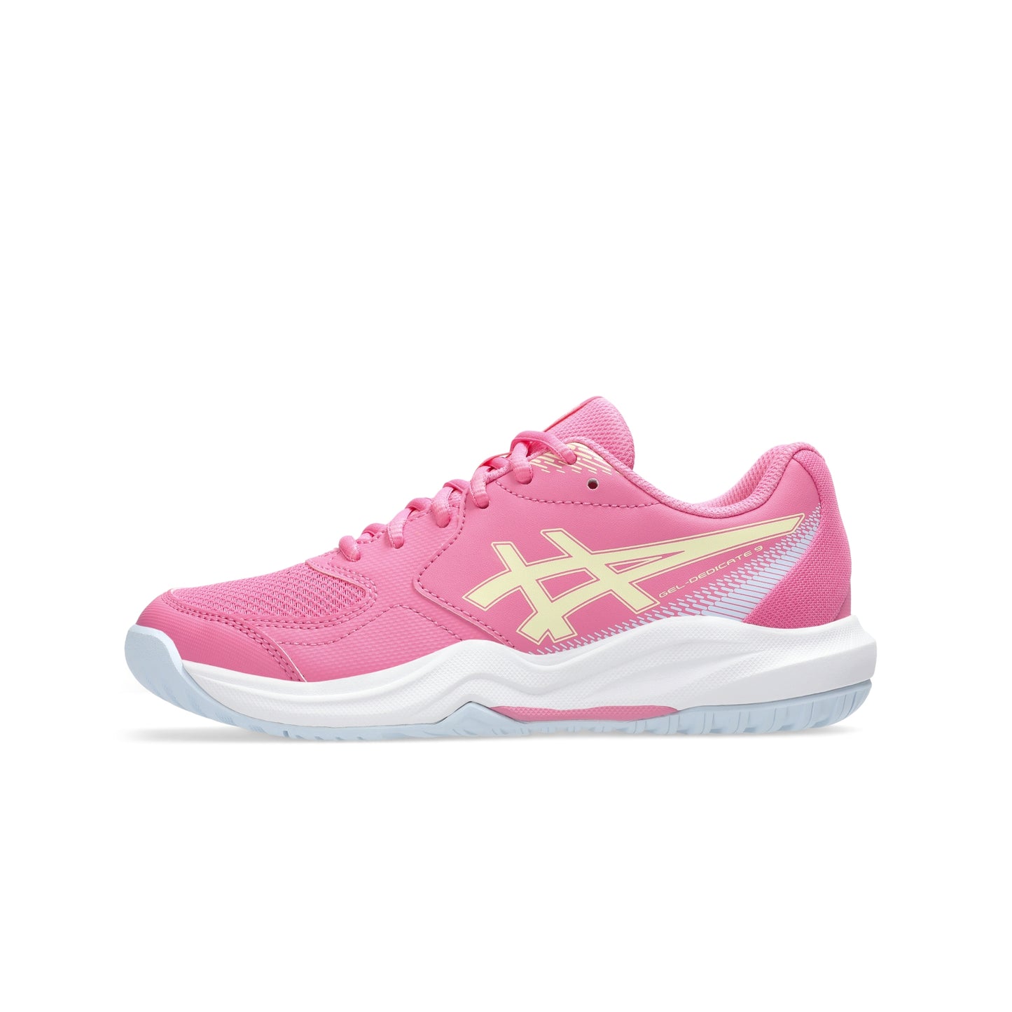 A pink tennis shoe with a light yellow Asics logo on the side, white midsole, and light blue outsole, shown in profile against a white background.