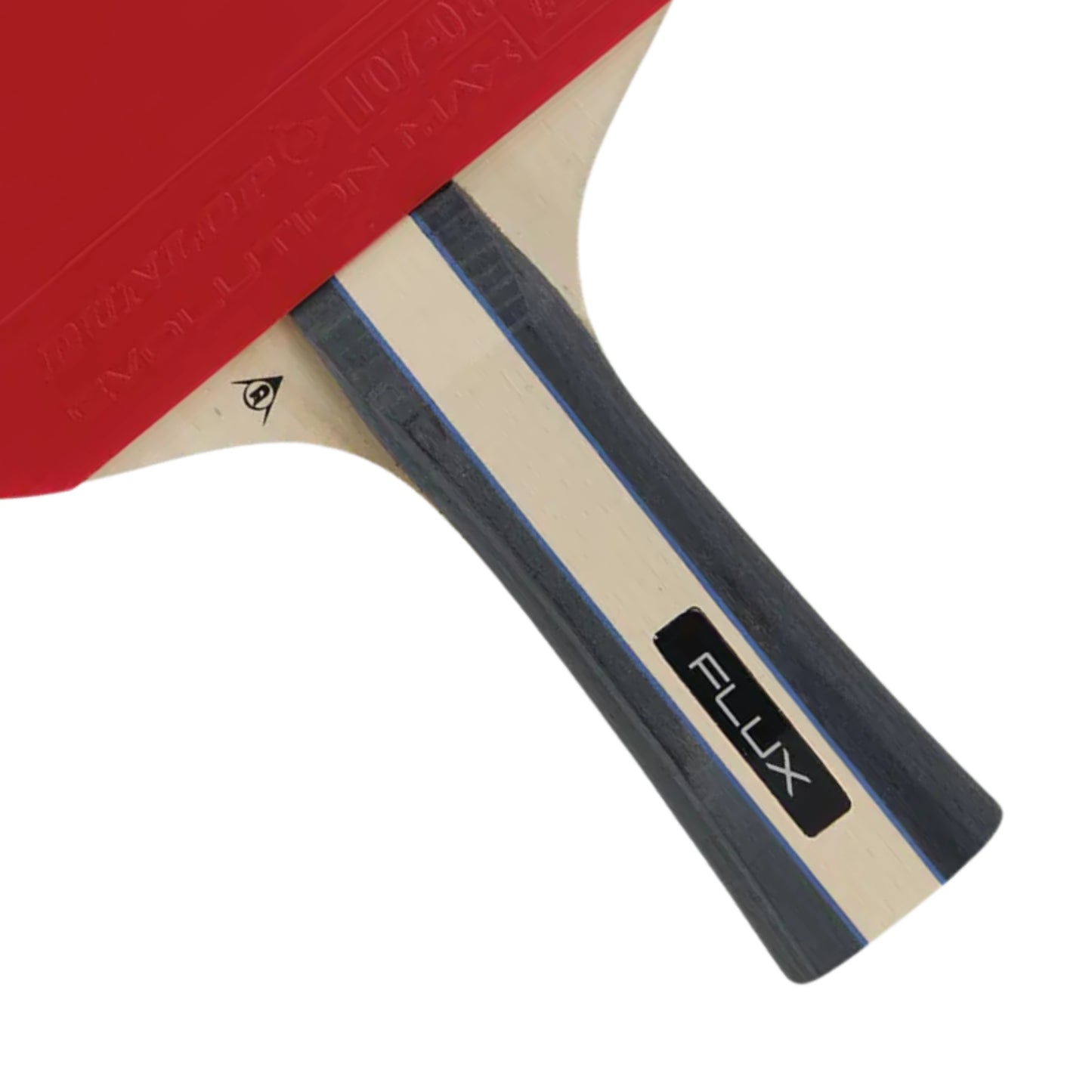 Table tennis bat, red on the top and black lines on either side with the word Flux on the handle