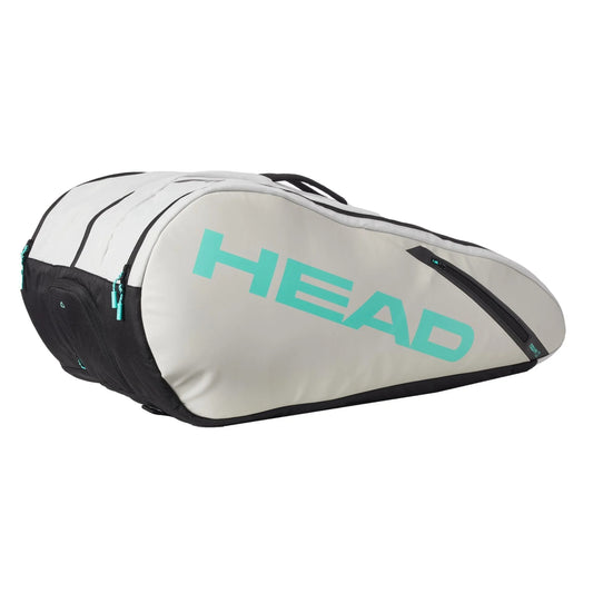 White tennis bag with black accents and turquoise 'HEAD' logo on a white background