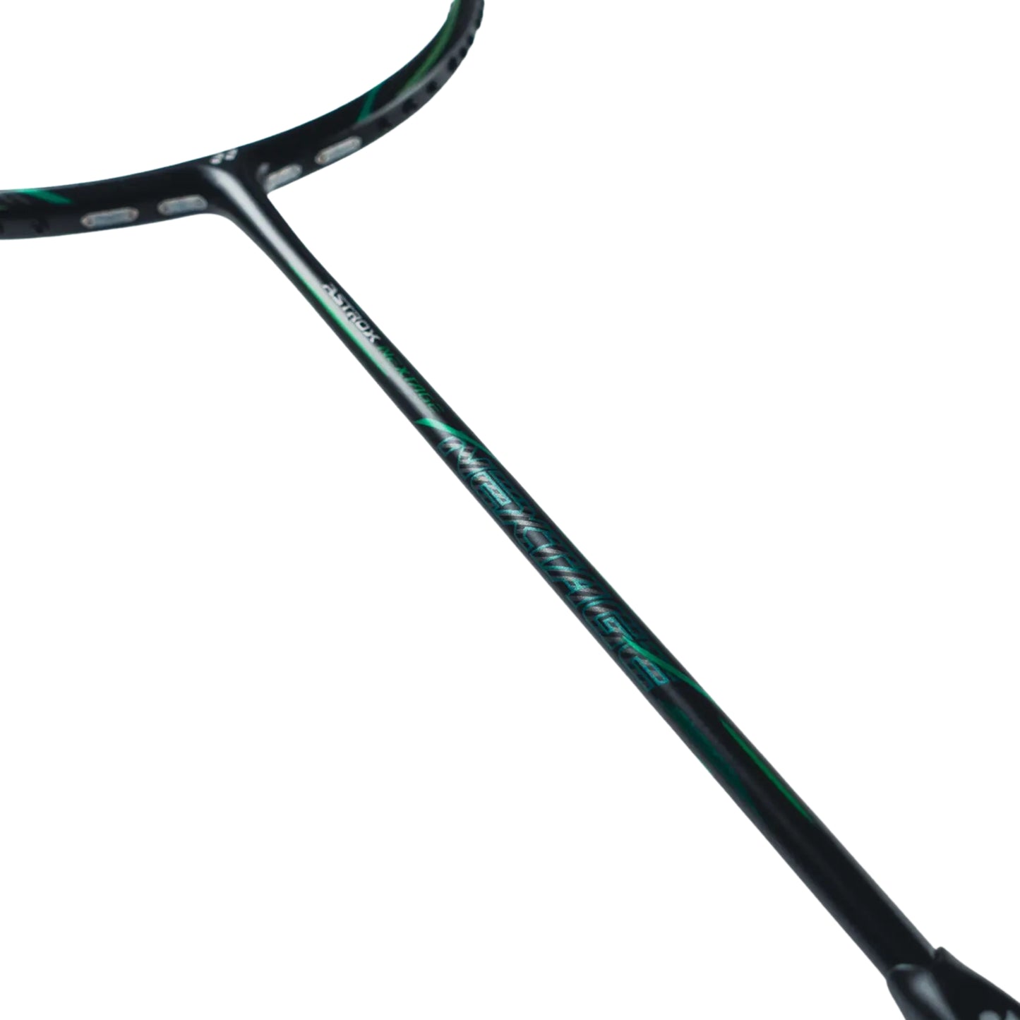 Close-up of a black and green badminton racket on a white background