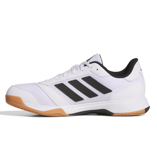 White squash shoe with black stripes on a white background