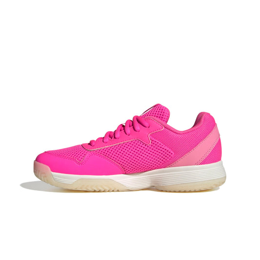Pink Adidas shoe with white stripes on a white background