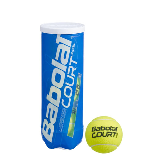 Babolat Court tennis ball canister with a single yellow ball on a white background
