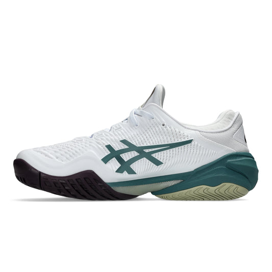White and dark green Asics tennis shoe with a black sole on a white background
