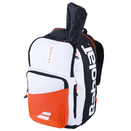 Babolat Backpack with white, orange, and black design on a white background