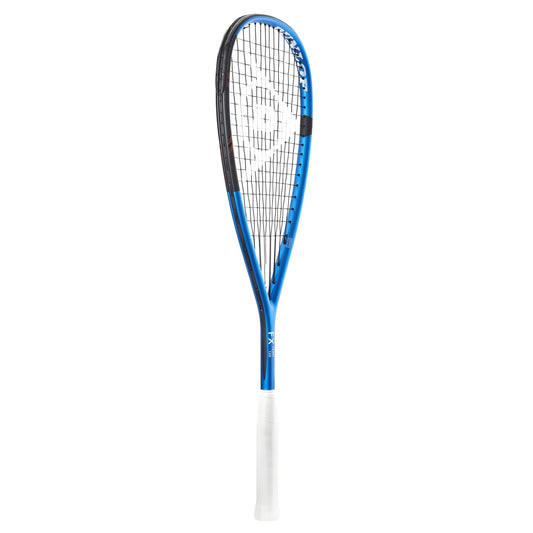 Squash racket with blue frame and white handle on a white background