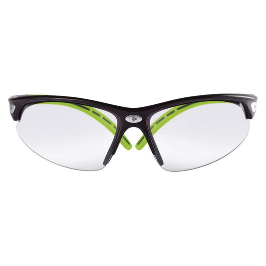 Black and green safety glasses on a white background
