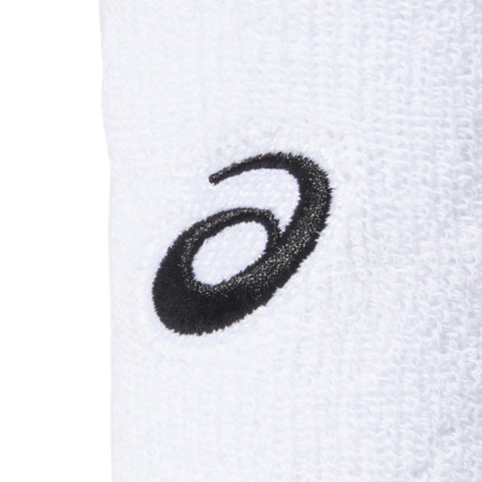 White Asics wristband with black logo on a white background