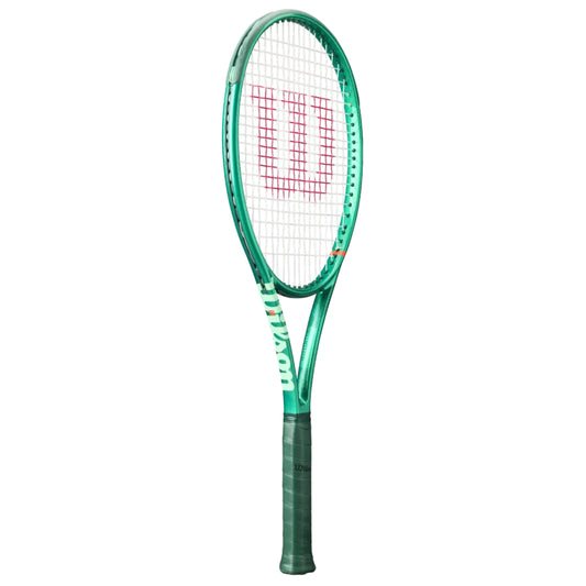 Green Wilson tennis racket with a white strings pattern on a white background