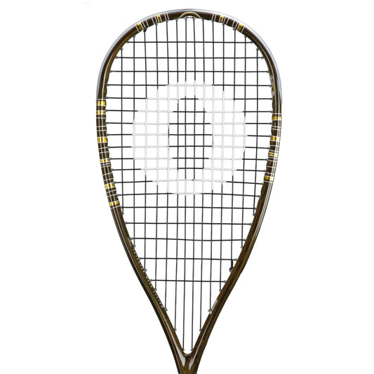 Squash racket with a strings on a white background