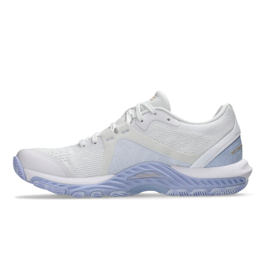 White netball shoe with light blue accents on a white background
