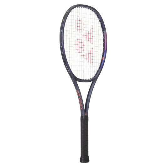 Yonex tennis racket with a white strings pattern on a white background