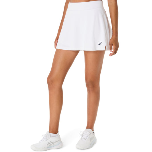 White Asics tennis skirt worn by a person on a white background