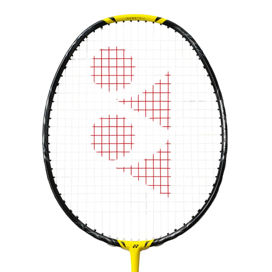 Badminton racket with a black and yellow frame on a white background