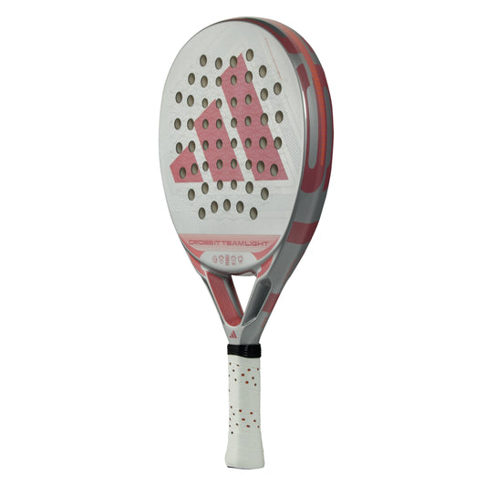 White and pink Adidas padel racket on a white background
