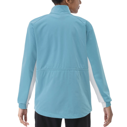 Light blue jacket worn by a person on a white background