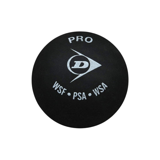 Black squash ball with Dunlop logo and certification logos on a white background