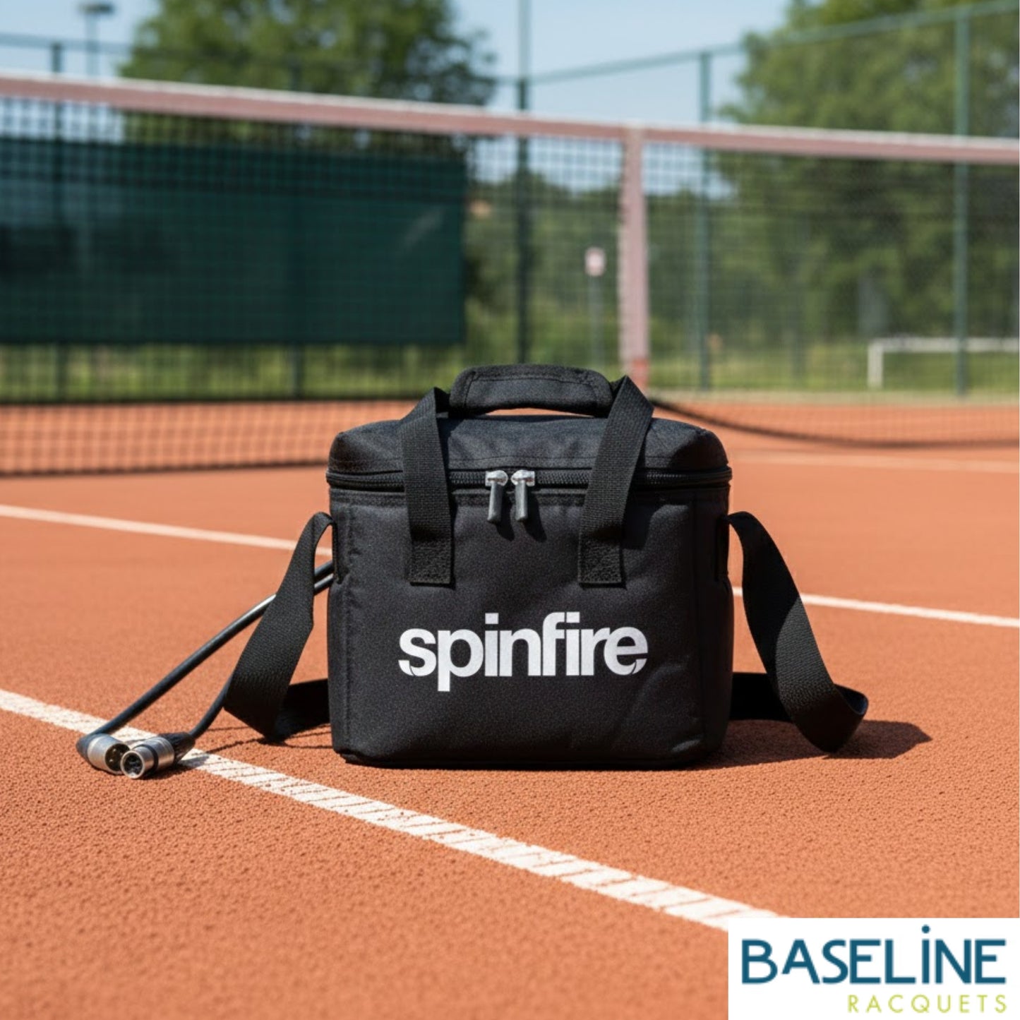 Black bag with 'spinfire' branding on a tennis court