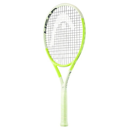 Tennis racket with a bright yellow frame on a white background