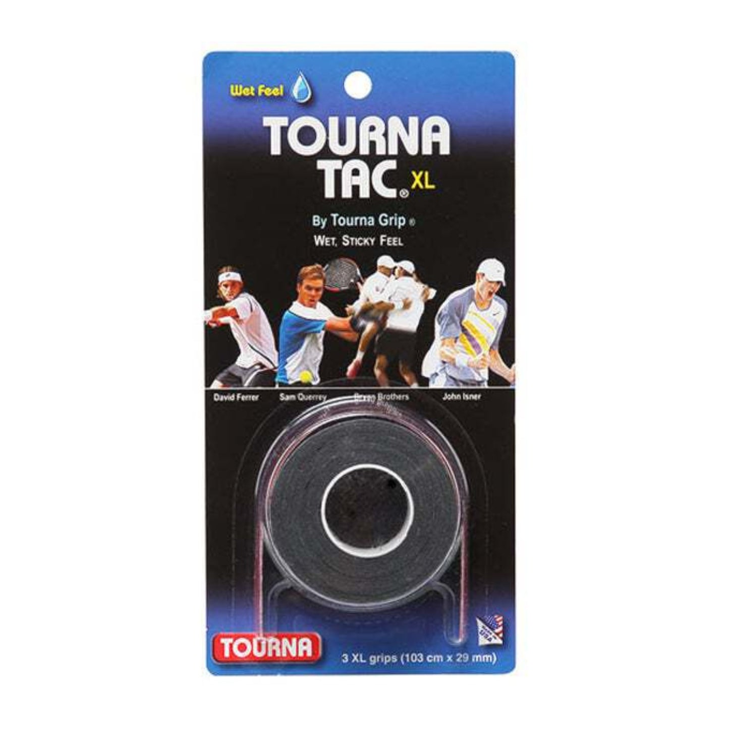 Packaging of Tourna Tac XL tennis grip with images of players and product on a white background