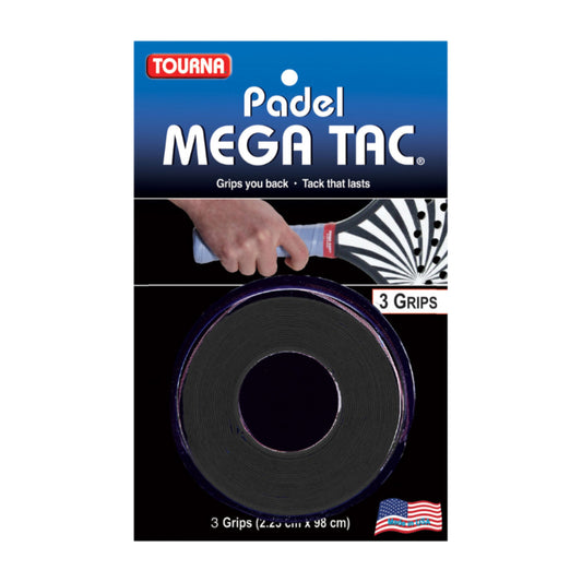 Packaging of Tourna Padel Mega Tac with a roll of black tape and a hand holding a racket.