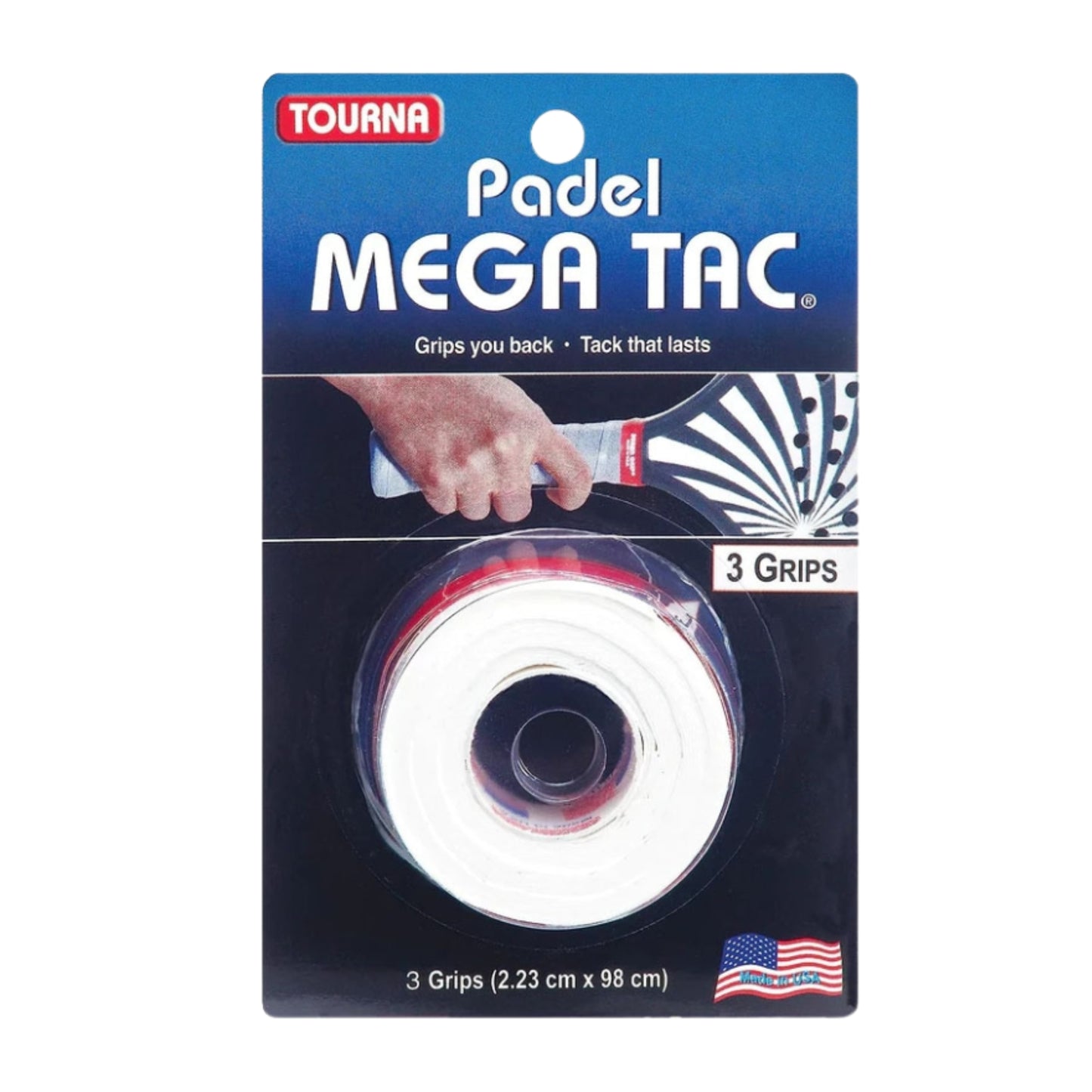 Packaging of a white Tourna Padel Mega Tac with a hand holding a racket on a white background