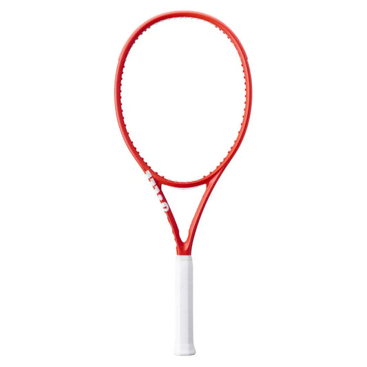 Red tennis racket with white handle on a white background