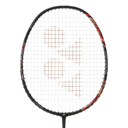 Close-up of a badminton racket with a white background