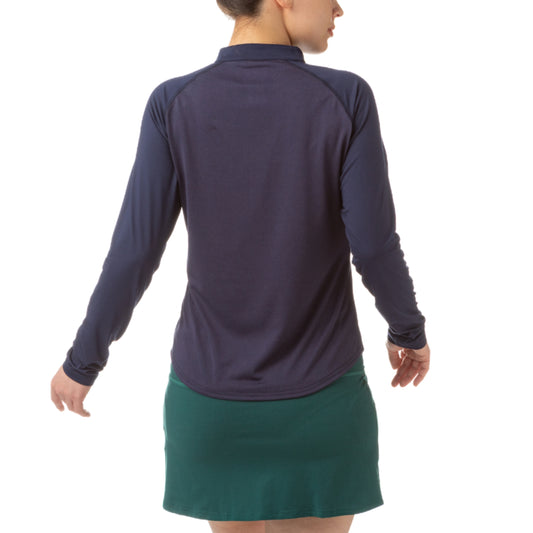 Navy long-sleeve athletic Yonex top and green skirt with a brand logo on a white background