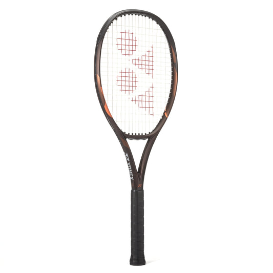 A Yonex tennis racket with a dark brown and black frame featuring subtle orange flame accents, black strings, and a black grip, shown against a plain white background.
