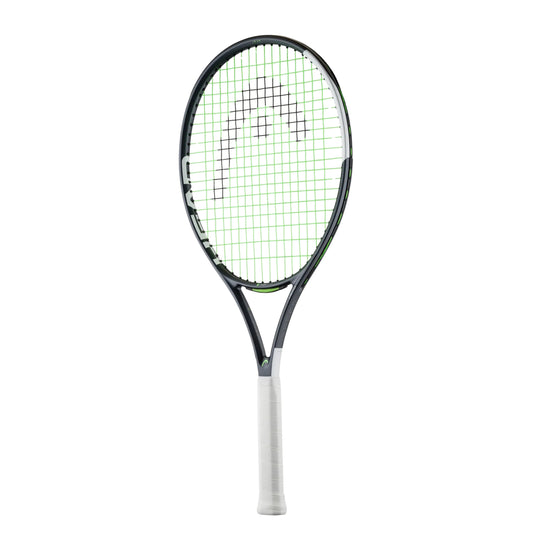 Tennis racket with black and white design on a white background